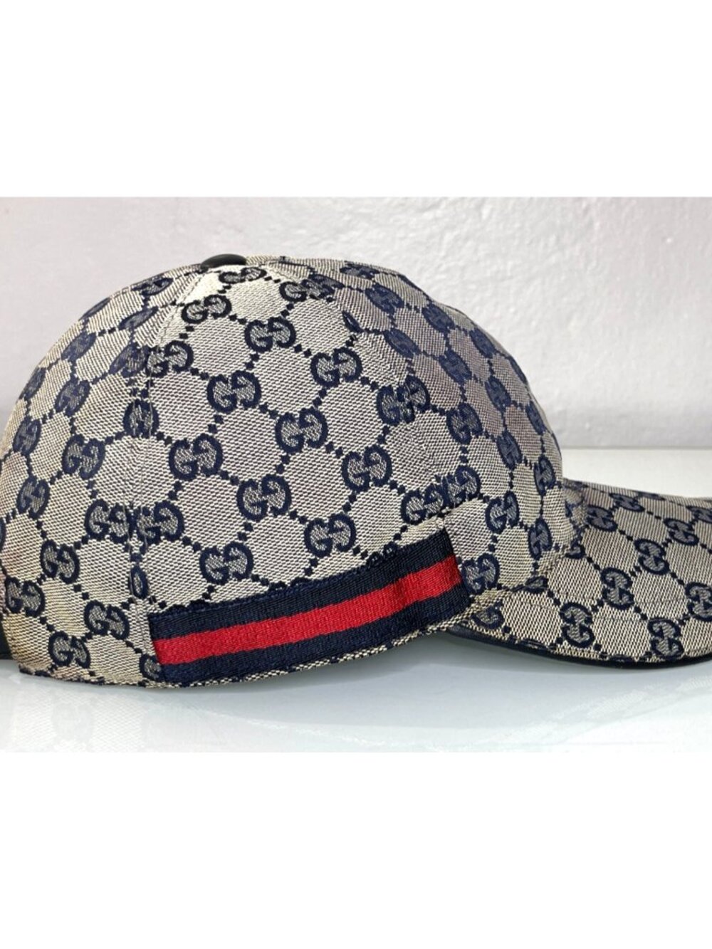 Gucci Navy Size S 57 GG Logo Monogram Canvas Web Baseball Cap Hat Runway - Picture 2 of 9